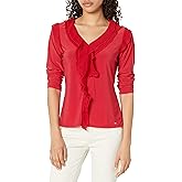 Tommy Hilfiger Women's Solid Long Sleeve Mixed Media Ruffle Blouse