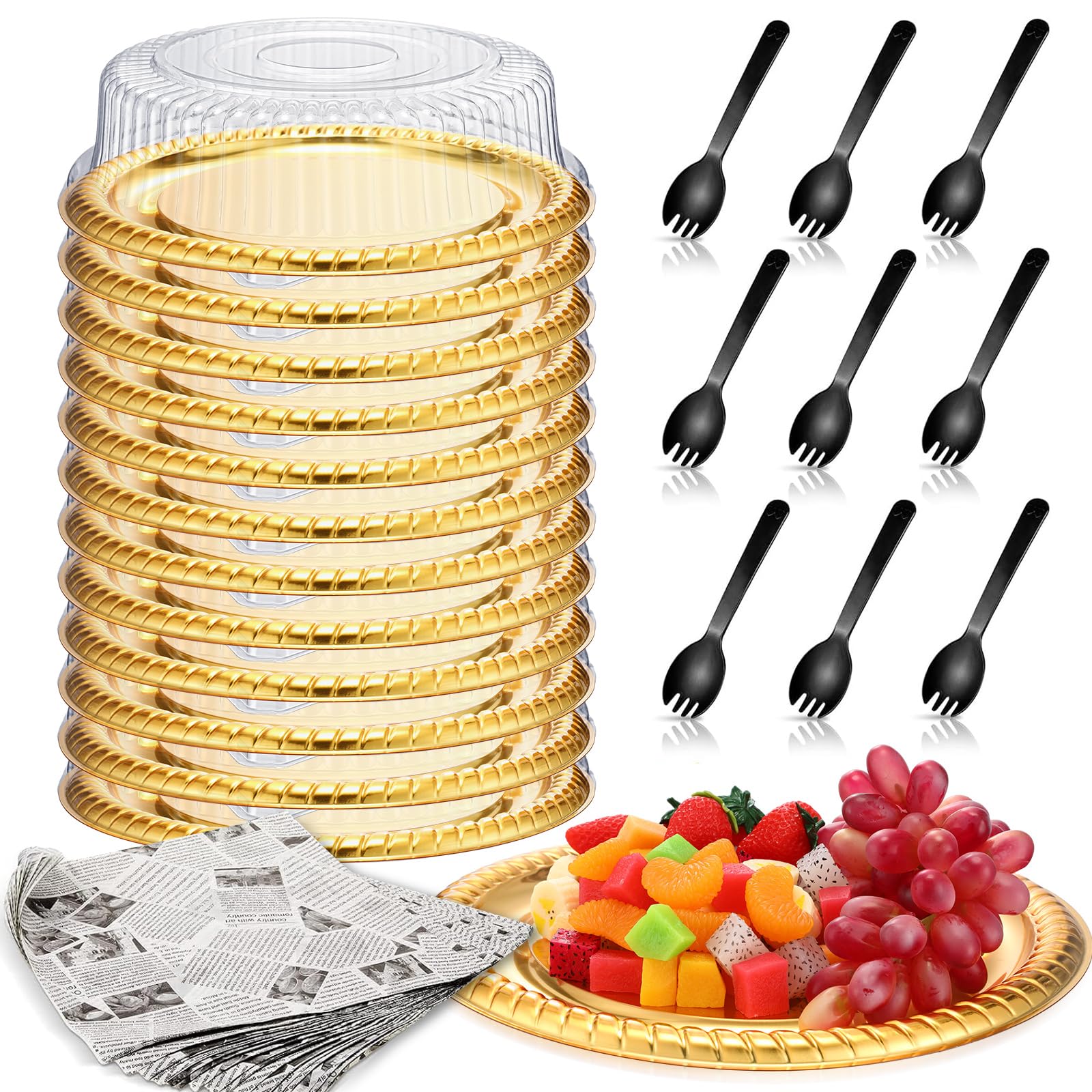 View 1 of **ONLY 4 TRAYS AND 4 LIDS****Nosiny 12 Pcs Plastic Serving Tray with Lid and Sporks 12 Inch Heavy Duty Catering Trays Food Serving Platter and 24pcs Deli Wax Paper Sheets for Banquet Picnic Christmas Party Supplies(12 Inch,Gold)