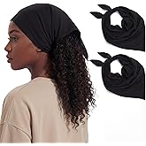 Cuffbow 2 Pcs Satin Lined Bandana Waterproof Head Scarf Non-Slip Hair Scarf Large Triangle Waterproof Rain Headband for Women Black