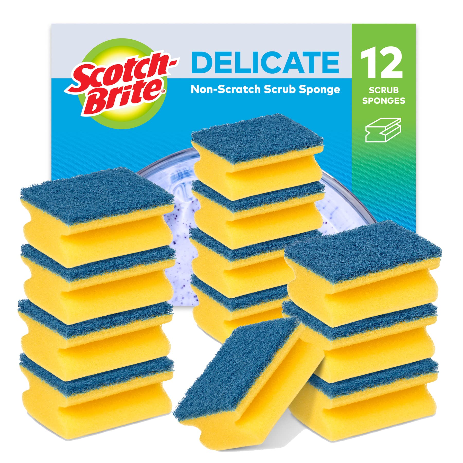 Scotch-Brite Delicate Non-Scratch Sponge Scourer, 12 Pieces - Ideal Everyday Washing up sponge, use on Non-Stick Cookware and Glass