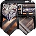 Hi-Tie 3 Pcs Gift Box Mens Tie Set Necktie with Pocket Square Cufflinks Lapel Pin Silk Neck Tie Collection
