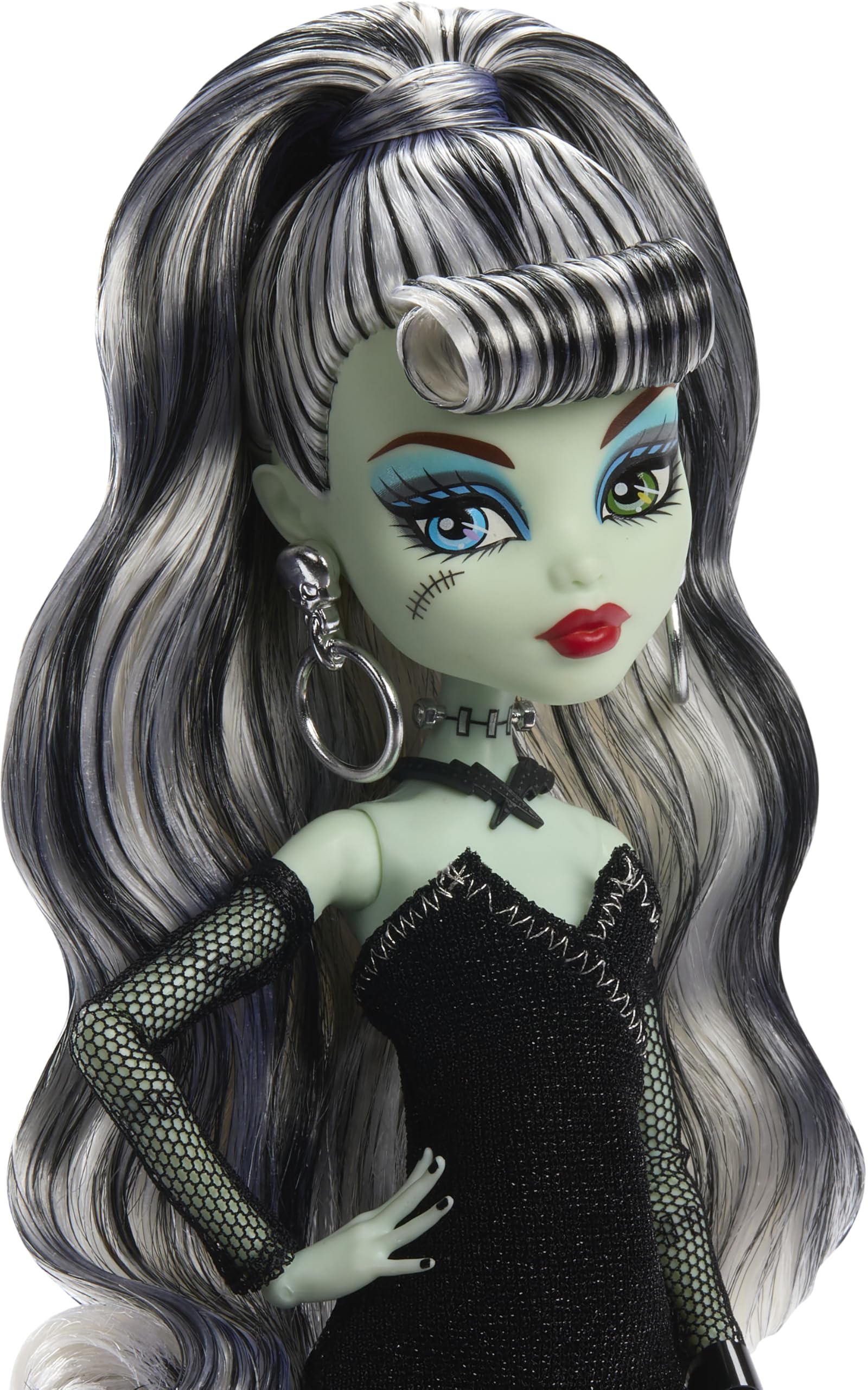 Monster High x Barbie Frankie Stein Doll with Original Barbie-Inspired Swimsuit and Solo in The Spotlight Black Evening Dress and Accessories