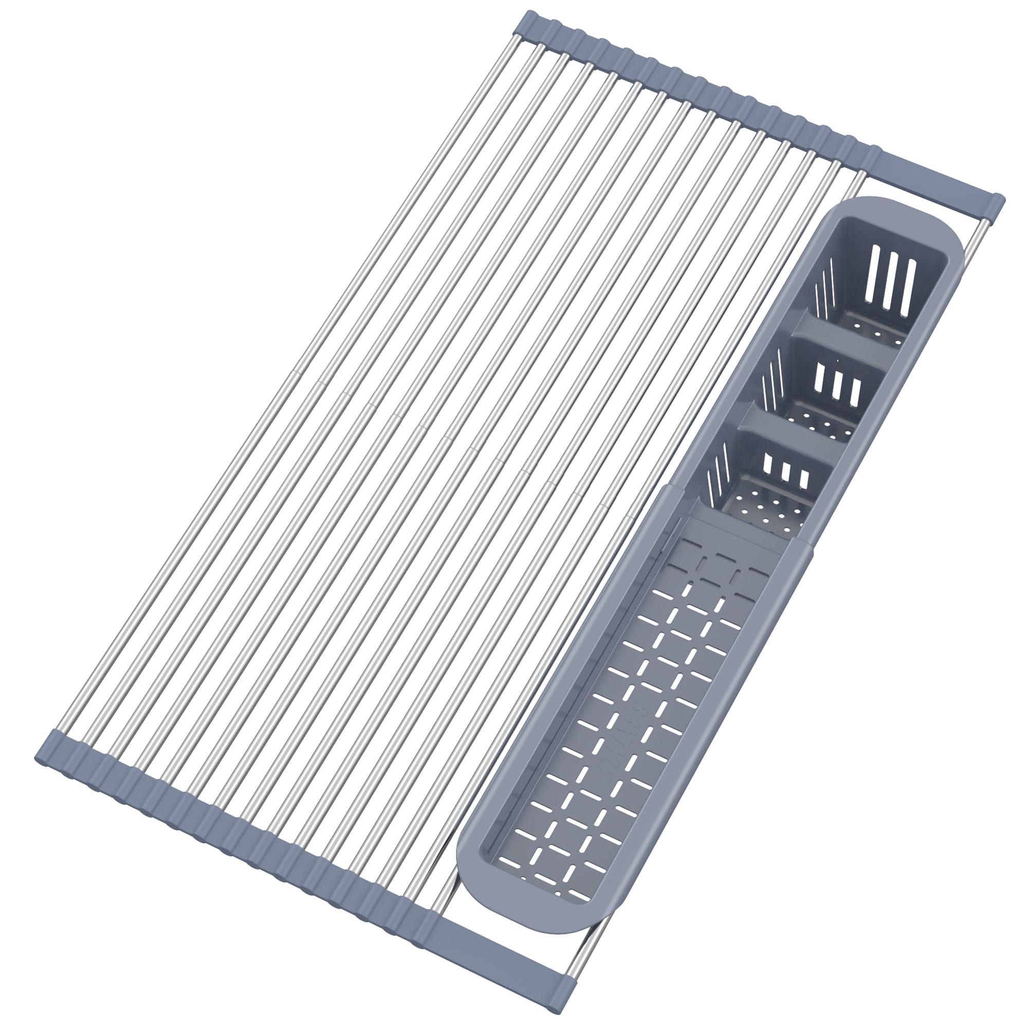 Photo 1 of BBXTYLY Expandable Roll Up Dish Drying Rack,Over The Sink Drying Rack Kitchen Sink Accessories Rolling up Stainless Steel Drainer, Foldable with Removable Utensil Holder(Gray Expandable Width Size)