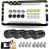 Aootf American Flag License Plate Frame- USA Patriotic Thin Blue Line Car Tag Cover with Black/Chrome Screws Caps, 4 Hole Nov