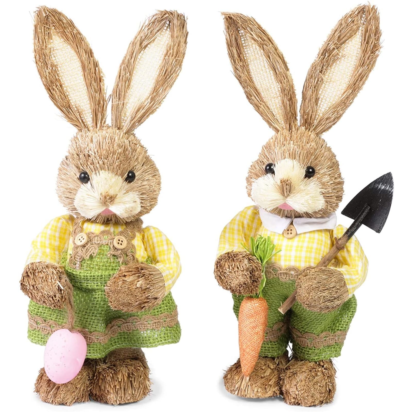 Juvale Easter Bunny Figurines - 12-Inch, Green, 2-Pack - Sisal Bunny Rabbit & Rabbit Farmer Statues for Garden Table Decor & Outdoor Party Decor