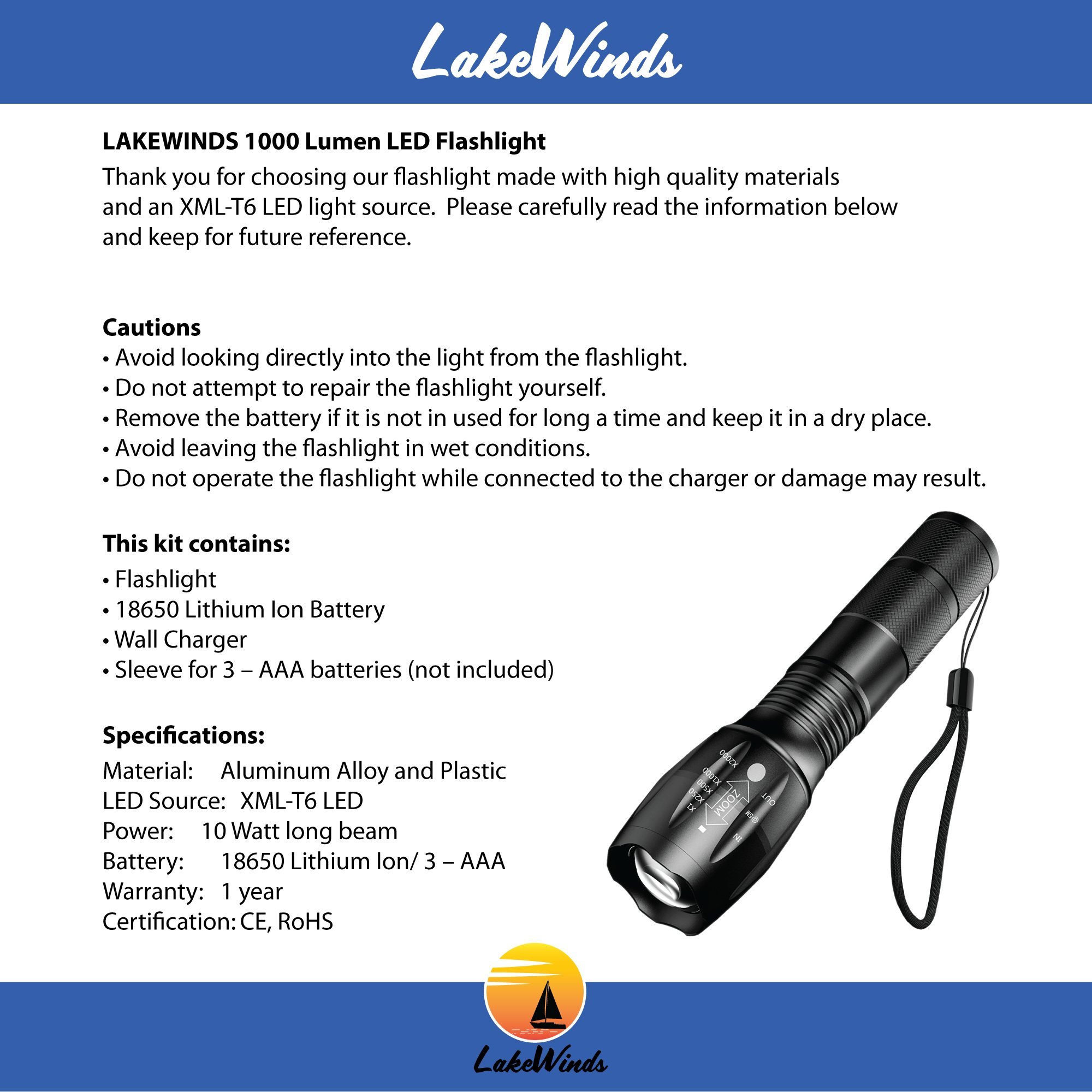 Lakewinds 1000 Lumen LED - High Powered Rechargeable Adjustable Tactical Flashlight - Five Focus Modes - Shock Resistant - Water Resistant - 600 Foot Light Range