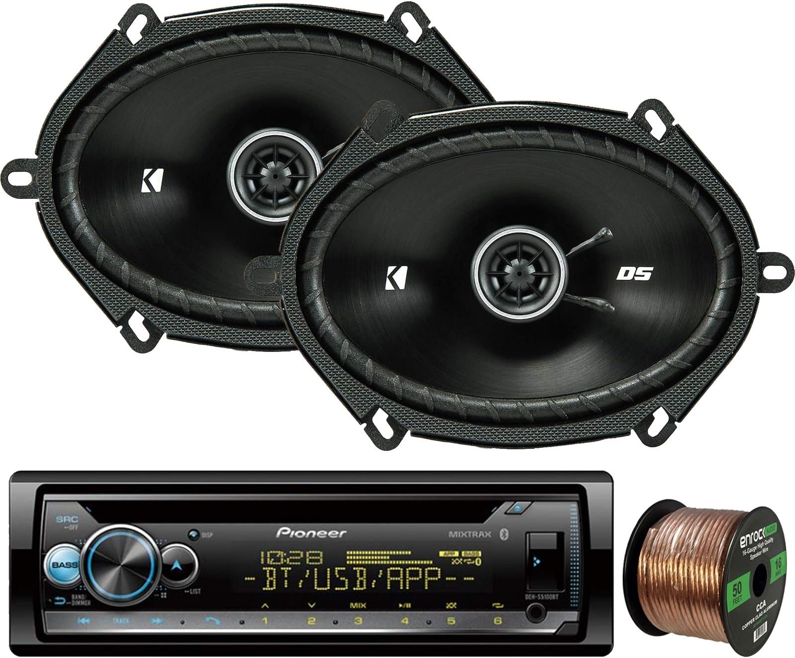 EnrockAudio Pioneer DEH-S5100BT in-Dash Single-DIN Built-in Bluetooth CD Receiver, 2 x Kicker 43DSC6804 DS-Series 6x8 200W 2-Way 4-Ohm Car Coaxial Speakers, 16-Gauge 50Ft. Speaker Wire