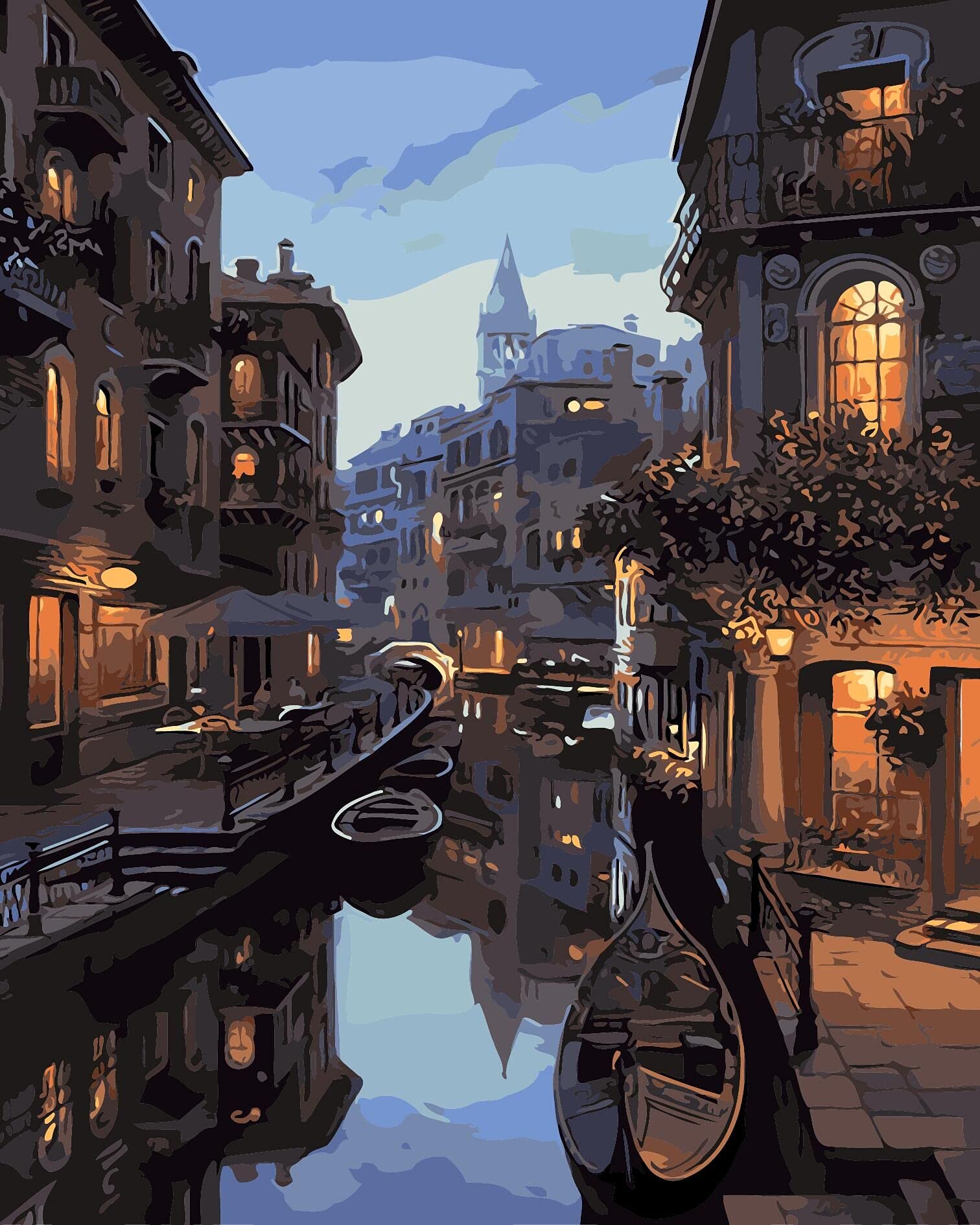 YEESAM ART Paint by Numbers for Adults Beginners Water City Venice Night View16x20 inch Linen Canvas Acrylic DIY Number Painting Kits Wall Art Decor Gifts (Framed)