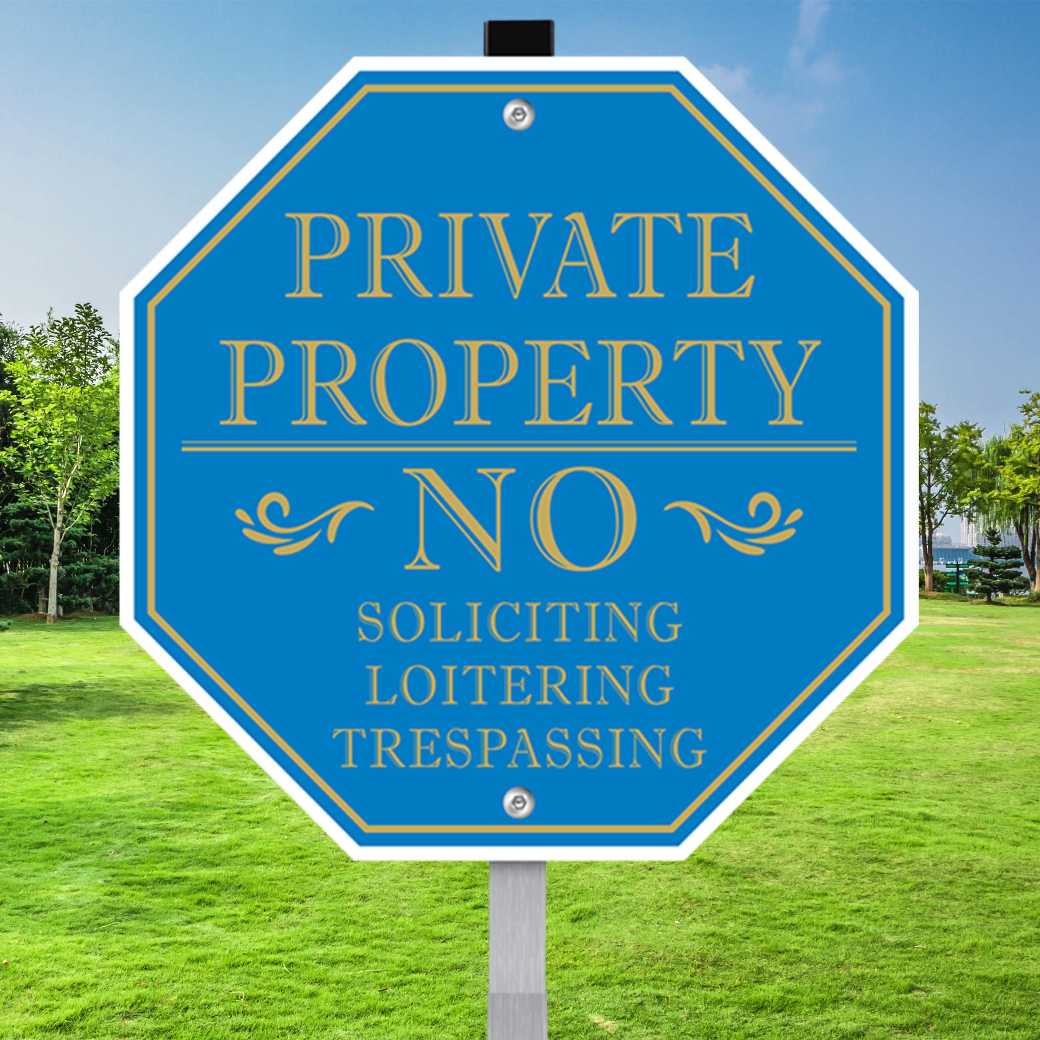 Photo 1 of No Soliciting Sign for House, Large Private Property No Trespassing Sign, 10 x 10 Inches No Loitering Aluminum Metal Signs with 28 Inches Long Stakes for Outdoor Yard (BLUE/GOLD)