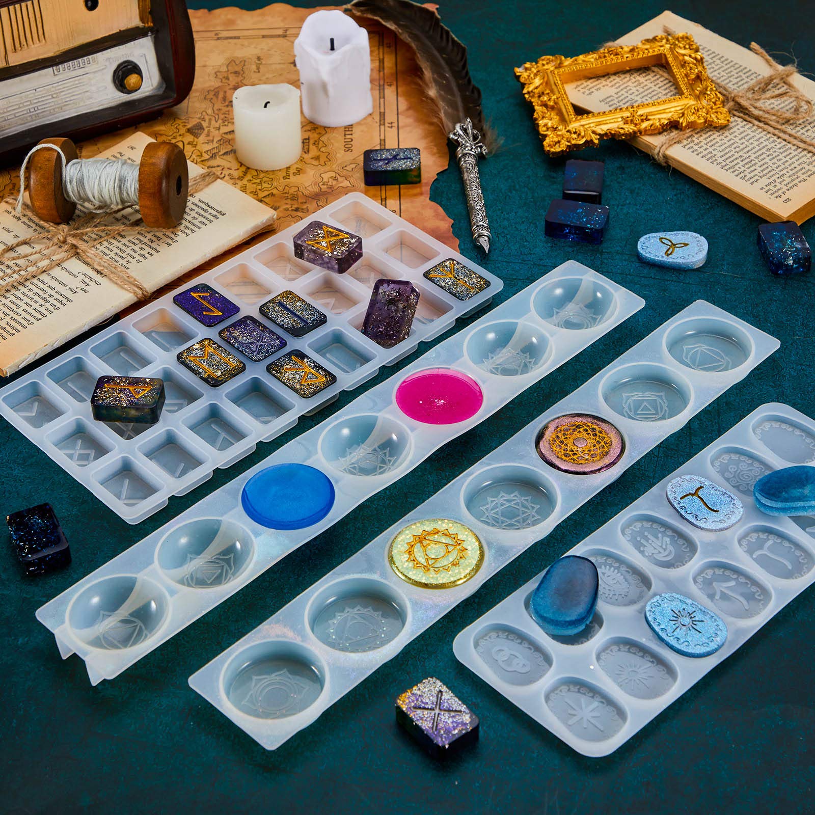 Geiserailie 7 Chakras Stones Resin Mold Rune Silicone Mold Symbol Rune Letter Epoxy DIY Symbol Word Casting DIY Resin Craft for Handmade Crafts Making Supplies