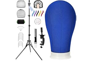 cenoz 23 Inch Wig Stand Tripod with Head, Canvas Block Wig Head, Dark Blue Mannequin Head for Wigs, Manikin Canvas Head Block Set for Wigs Making Display with Wig Caps, T Pins C Pins Set