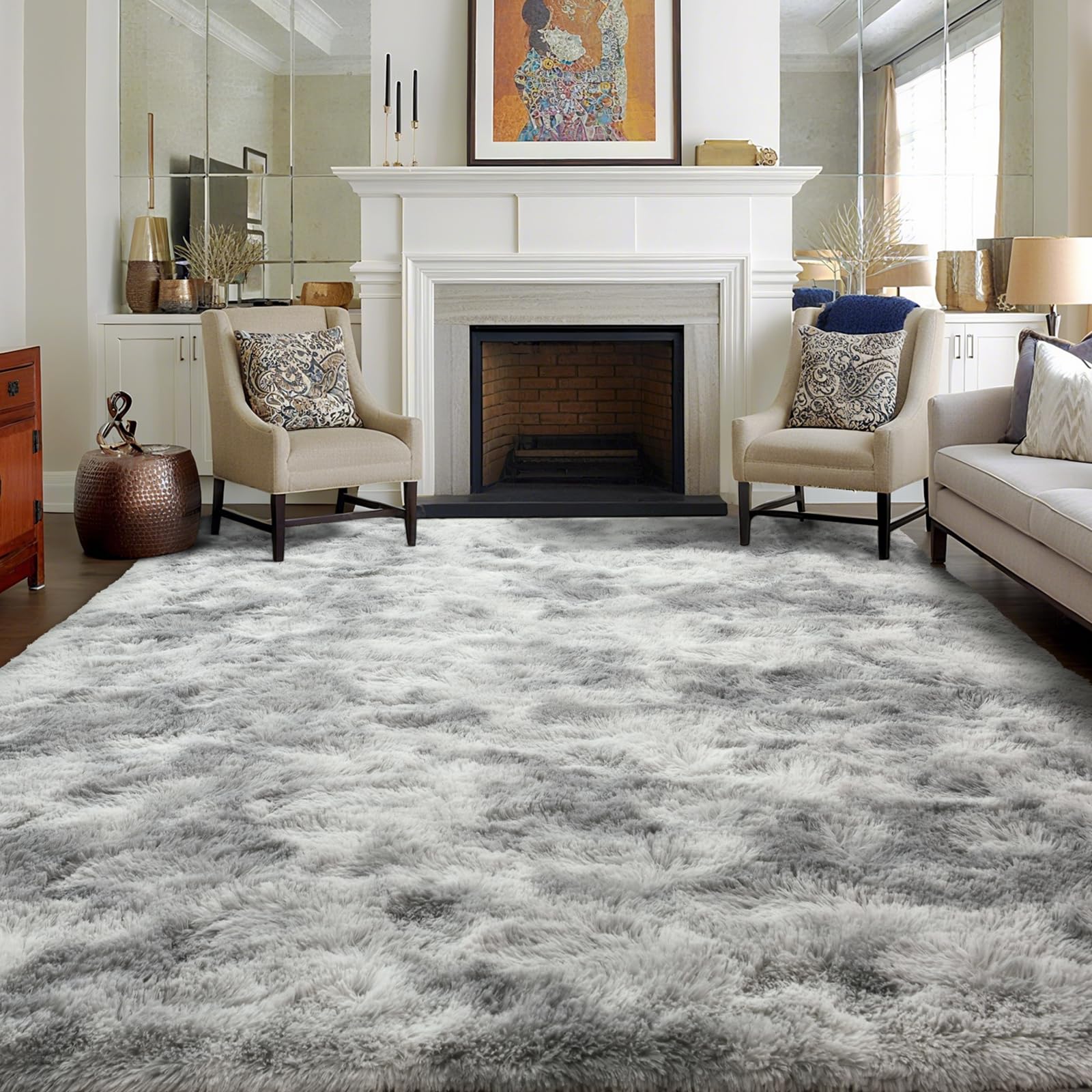Photo 1 of 6x9 Ft Large Shag Rugs for Living Room Decor, Tie-Dyed Ultra Soft Fluffy Furry Area Rugs for Bedroom Indoor Floor, Aesthetic Carpet for Kids Home (Grey)