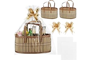 Reallnaive Baskets for Gifts Empty Sturdy Woven Bamboo Gift Basket with Gift Bags and Ribbons for Christmas Thanksgiving Birthday Mothers Day Housewarming Party Gift Wrapping, 12"x 8"x 6"(2 Set)