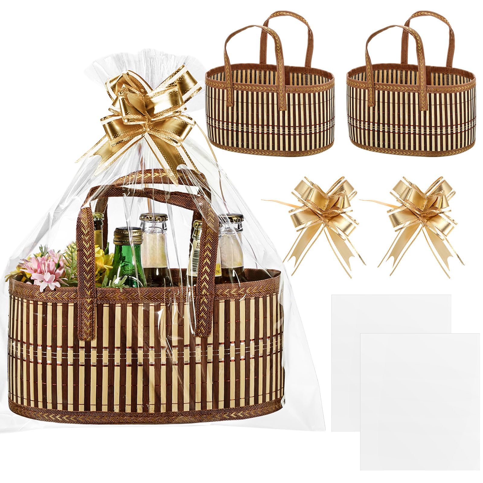 Photo 1 of Reallnaive Baskets for Gifts Empty Sturdy Woven Bamboo Gift Basket with Gift Bags and Ribbons for Christmas Thanksgiving Birthday Mothers Day Housewarming Party Gift Wrapping, 12"x 8"x 6"(1 Set)