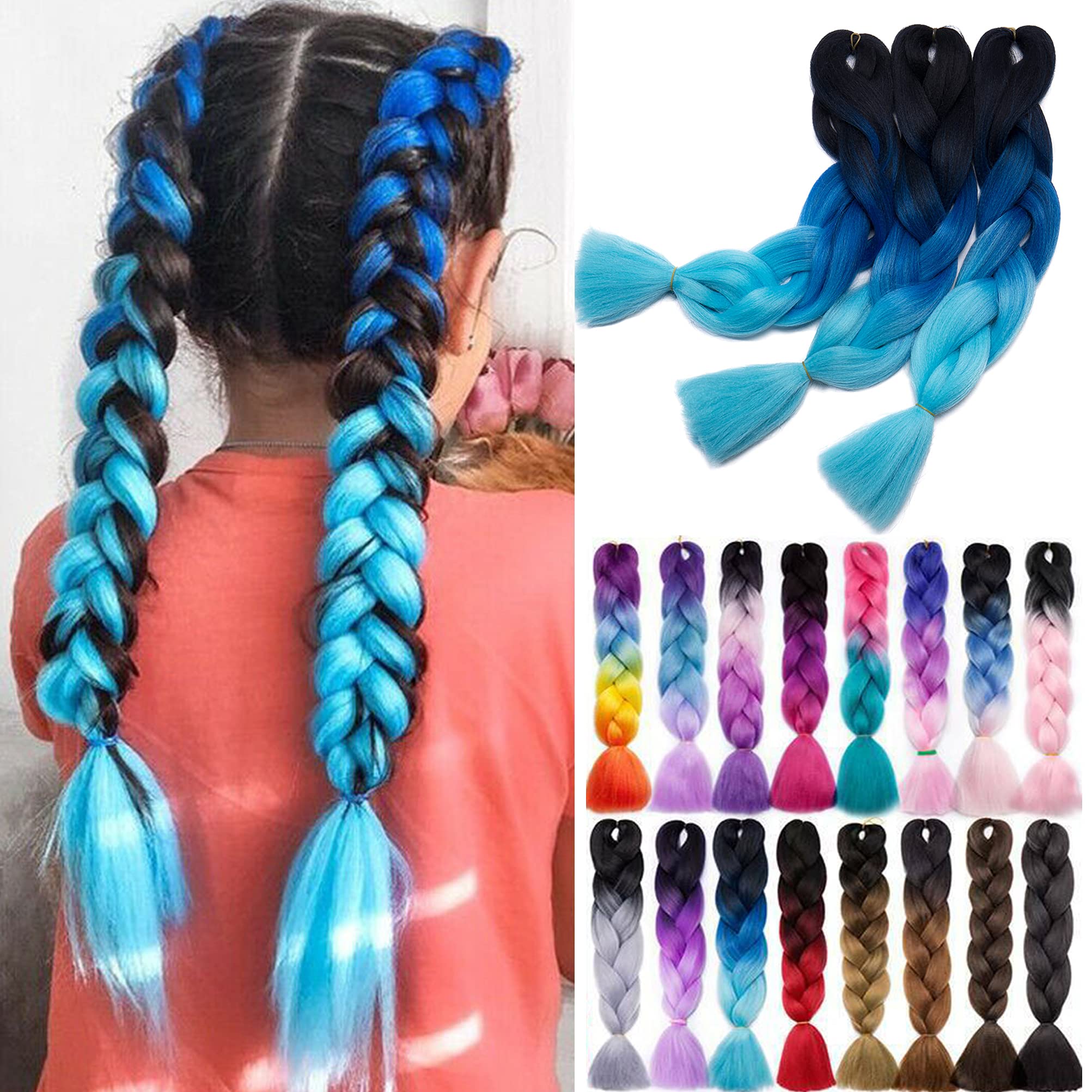 Jumbo Braiding Hair 24 inch Ombre Braid Hair Extensions Jumbo Box Braids Crochet Hair Long Rainbow Colorful for Women Kids DIY High Temperature Synthetic Fiber 1 Bundle Black to Dark Blue to Sky Blue