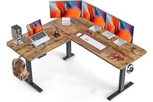 FEZIBO L Shaped Standing Desk Adjustable Height, Electric Corner Standing Desk, 63 x 55 inch Sit Stand Computer Table with Splice Board, Vintage-Brown Top/Black Frame