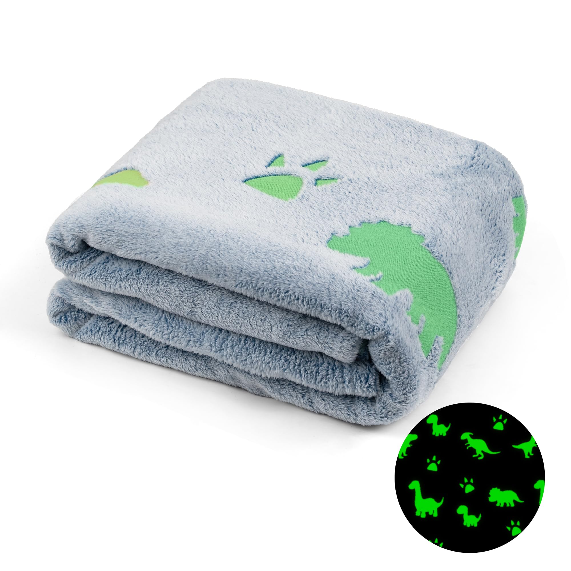 Winthome Glow in Dark Blanket, Soft Flannel Fleece Stars Blanket,All Season Throw Blanket for Kids (Blue Dinosaur, 130x170cm)