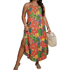 POGTMM Womens Plus Size Dress Boho Sleeveless Maxi Long Halter Sundress | Casual Summer Beach Hawaiian Vacation Outfits，Side
