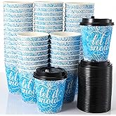 Nuogo 60 Sets 12 oz Christmas Disposable Coffee Cups with Lids Thick Winter Snowflake Paper Cups Insulated Ripple Wall for Christmas Travel Hot Chocolate Cocoa Tea Cold Drinks Liquids