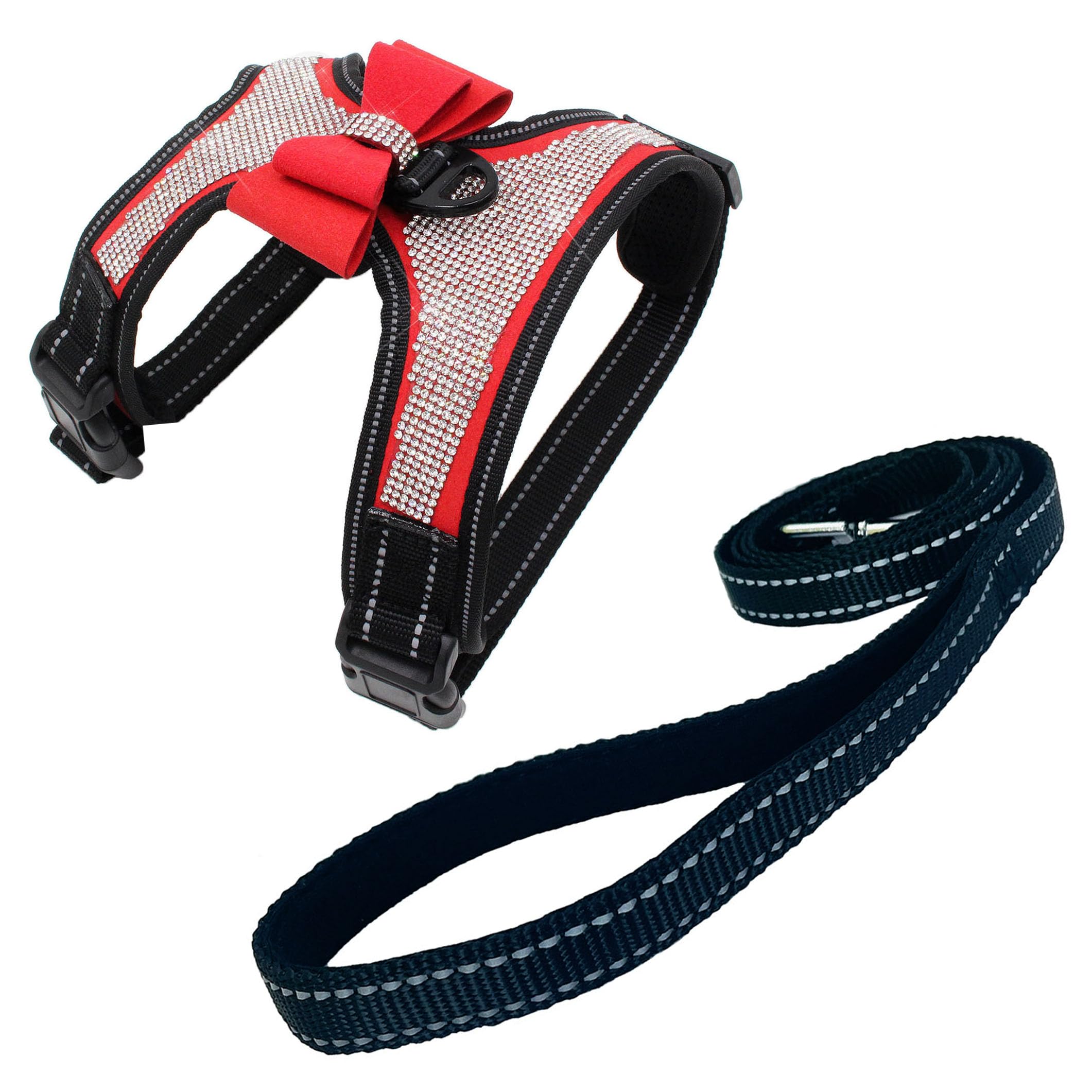 Newtensina 2pcs Bow Ties Bling Cute Dog Harness with Lead for Dog - Red - XL