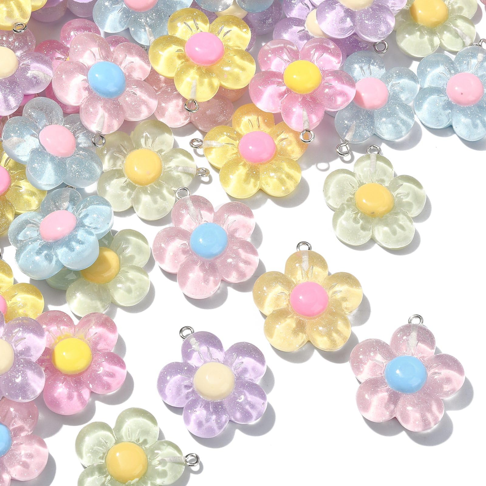 Stiesy 60Pcs 6 Colors Resin Flower Charms Pendants Translucent Floral Charm Glitter Flower Dangle Charms for Jewellry Making DIY Crafts