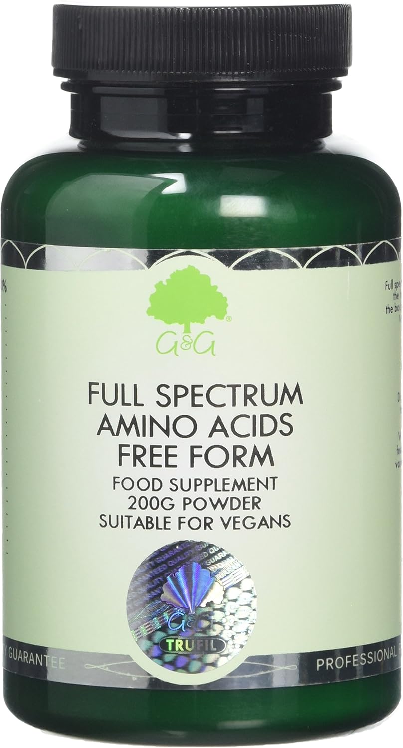 Full Spectrum Amino Acid Powder - BCAA - EAA - Vegan Free Form Amino Acids - 200g Powder - G&G Vitamins, 200 g (Pack of 1)