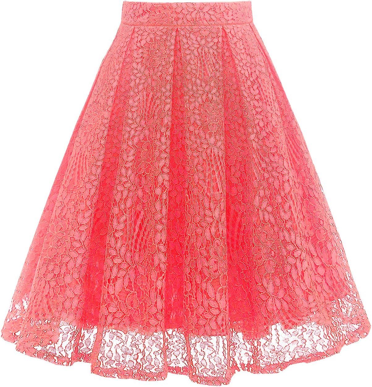 Girstunm Women High Waist Pleated A-Line Knee Length Lace Pockets Skirt Coral L