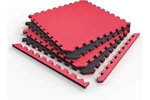 Norsk Reversible Gym Exercise Mats 3/4" Thick EVA Interlocking Foam Tiles, Perfect Home Gym Flooring, 20 Tiles & 40 Trim Pieces, 80 Sq. Ft. Reversible, Red/Black
