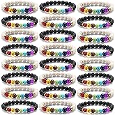 Huquary 24 Pcs Chakra Bracelets for Women Volcanic Rock 7 Chakras Crystals and Healing Stones Bracelets 8mm Natural Stone Yoga Beaded Wristlet for Women Men Essential Oil Diffuser