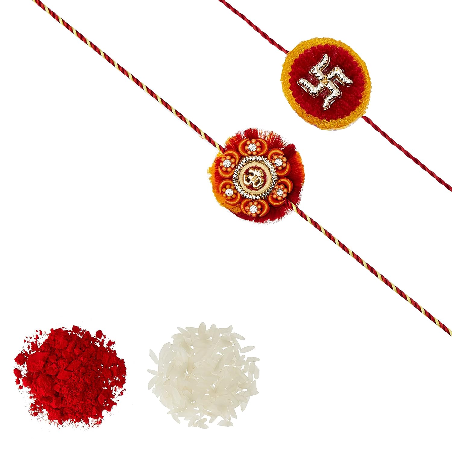 aheli pack of 2 floral om and swastik on velvet rakhi with roli chawal tilak for men boys (r2p28)