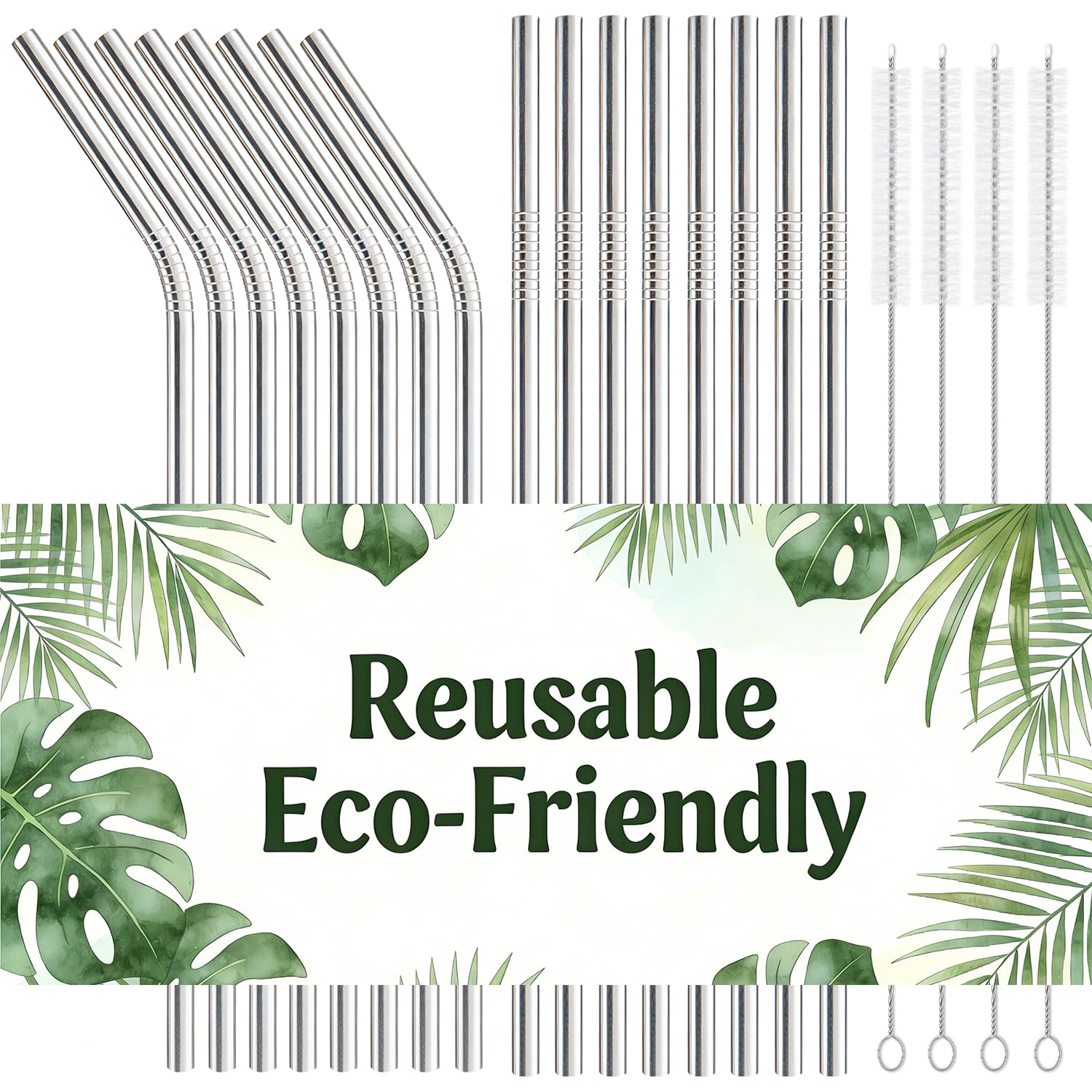 Photo 1 of 16-Pack Stainless Steel Straw,Reusable Straws – 8 Straight & 8 Bent (8.5 Inch) Metal Drinking Straws with 4 Cleaning Brushes,Replacement Straws,Dishwasher Safe,Ideal for Home,Travel