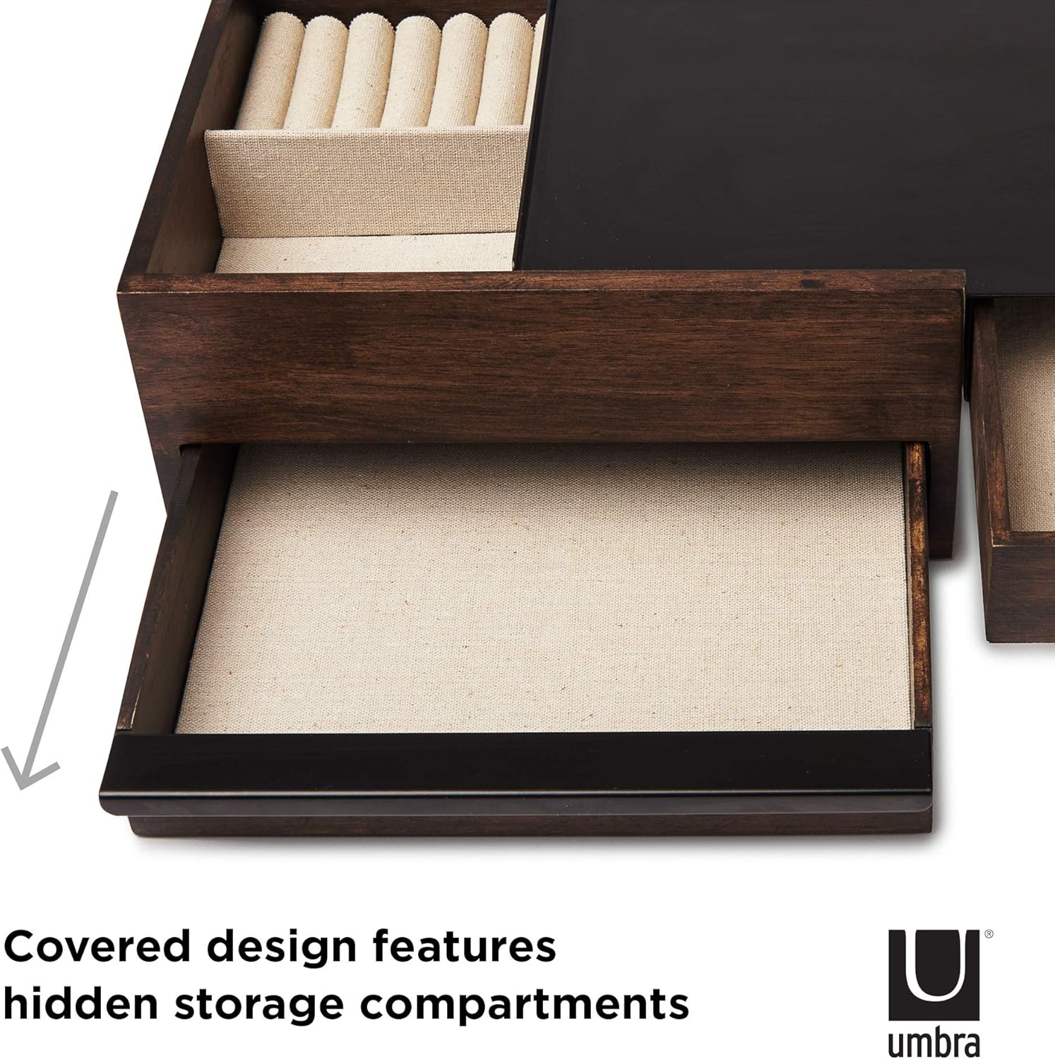 Umbra Jewelry Box - Modern Keepsake Storage Organizer with Hidden Compartment Drawers for Ring, Bracelet, Watch, Necklace, Earrings, and Accessories, Stowit, Black/Walnut: Home & Kitchen