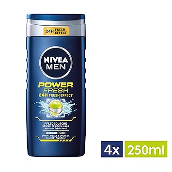 NIVEA Men 4er Pack Duschgel für Körper, Gesicht & Haar, 4 x 250 ml Flasche, Power Refresh