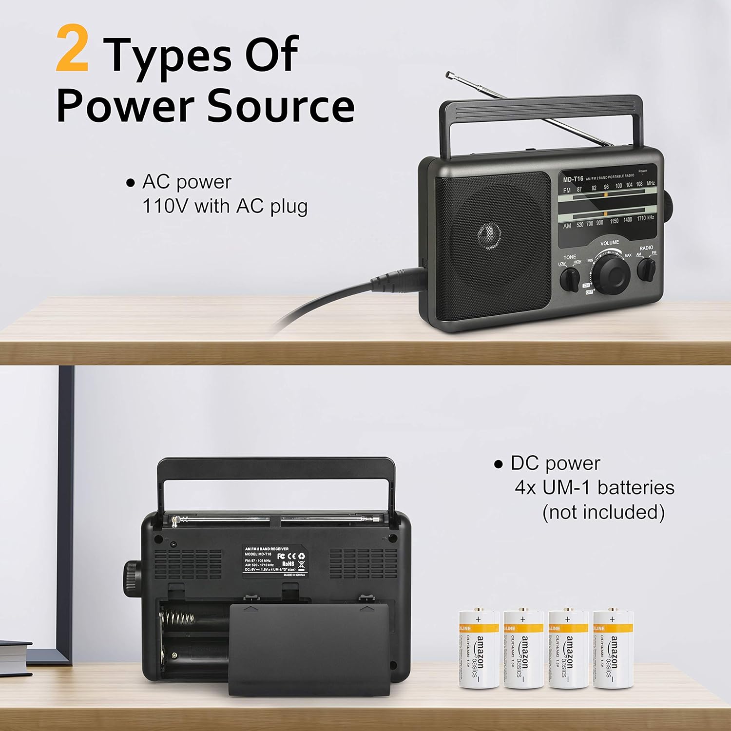 AM FM Portable Radio Battery Operated Radio by 4X D Cell Batteries Or AC Power Transistor Radio with and Big Speaker, Standard Earphone Jack, High/Low Tone Mode, Large Knob: Electronics