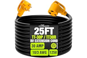 25ft RV Extension Cord 30 AMP (TT30P/TT30R) with PowerGrip Handle and Hook and Loop Strap - 10AWG3 10/3 125V STW ETL Listed - by LifeSupplyUSA