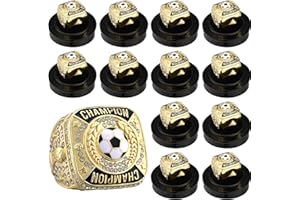 Landical 12 Pcs Soccer Championship Rings Soccer Champion Trophy Rings Sport Ball Award Gift Prize with Display Neck Chain and Stand for Tournament or Champion Winner