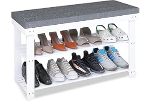 SMIBUY Shoe Rack Bench, 3-Tier Sturdy Bamboo Shoe Organizer with Cushion, Storage Shelf for Entryway, Hallway, Bedroom or Living Room, 34.26 x 11.82 x 19.3 Inches, (White and Gray)