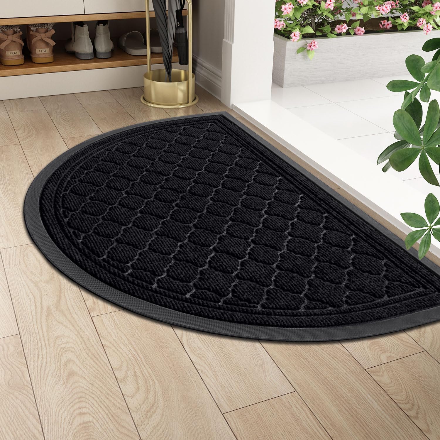 Homaxy Half Moon Door Mats Indoor, Non Slip Rubber Door Matts, Dirt Trapper Absorbent Doormat Outdoor, Washable Heavy Duty Floor Mat for Entrance, Front Door, Kitchen and Garden, 60 x 90 cm, Black