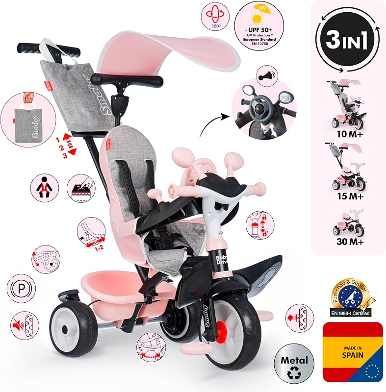 Triciclo Baby Driver Confort Rosa 3 en 1 Progresivo para Niños a Partir de 10 Meses, con Parasol Anti-UV, Volante con Claxon y Ruedas Silenciosas (7600741504)