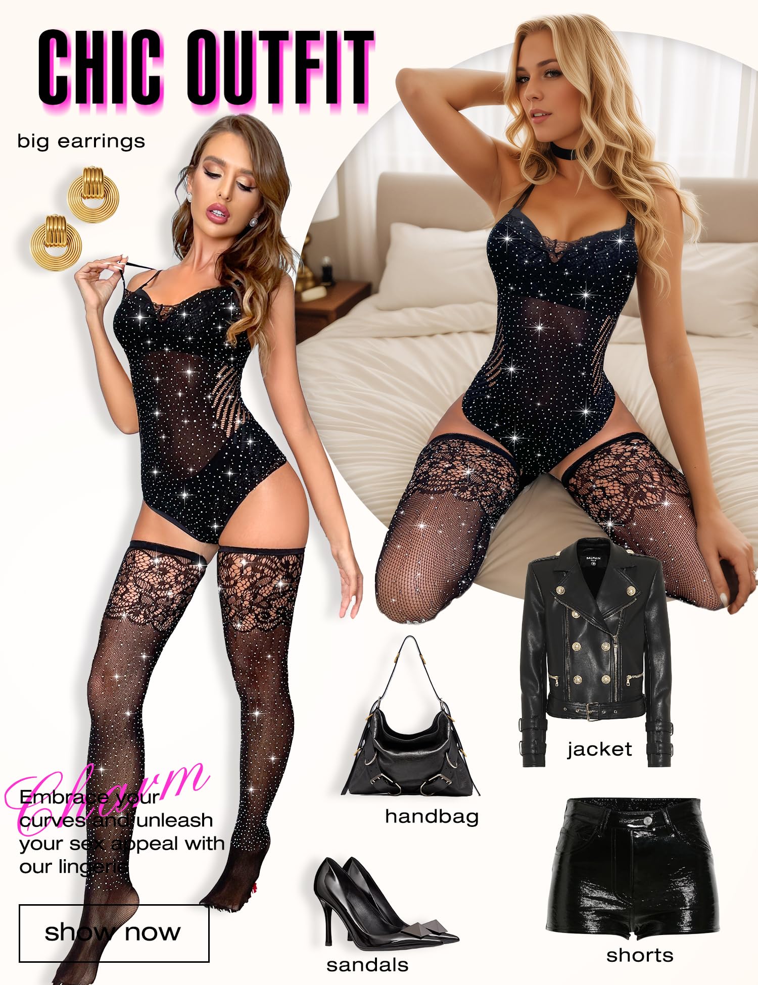 RSLOVE Women Lingerie Fishnet Teddy Bodysuit Sparkle Rhinestone Mesh Lingerie with Thigh High Stockings