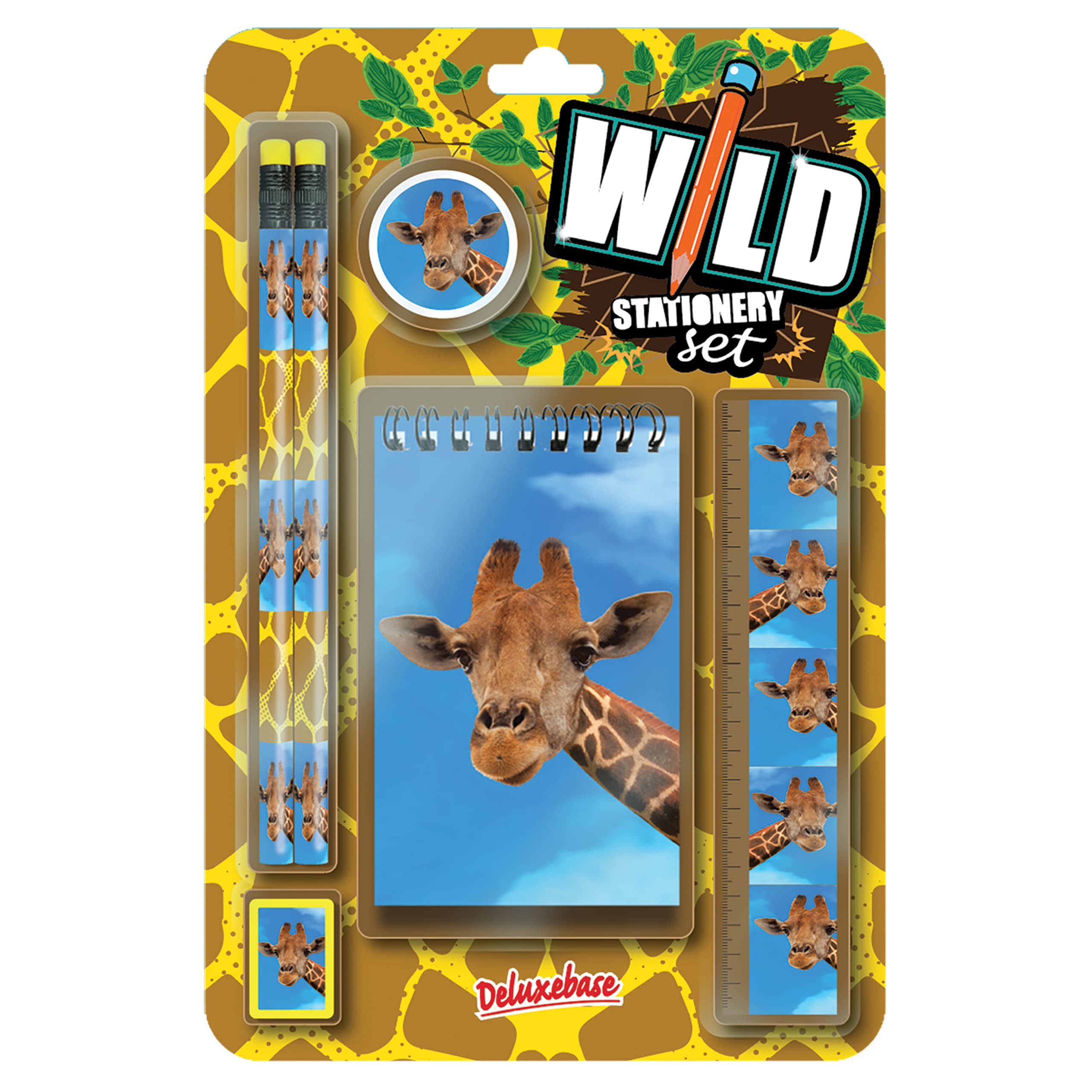 Deluxebase Wild Stationery Set – Giraffe, 6 Piece School Supplies Set including Notebook, 2 Pencils, Ruler, Pencil Eraser and Sharpener, Fun Animal Stationery Gifts for Kids and Students.