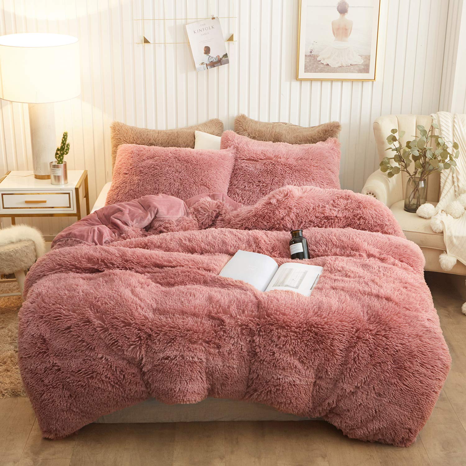 Photo 1 of XeGe Plush Shaggy Duvet Cover Set, Luxury Ultra Soft Velvet Fluffy Bedding Sets 2 Pieces(1 Faux Fur Furry Dusty Pink Comforter Cover + 1 Fuzzy Faux Fur Pillowcase), Zipper Closure(Twin, Old Pink)