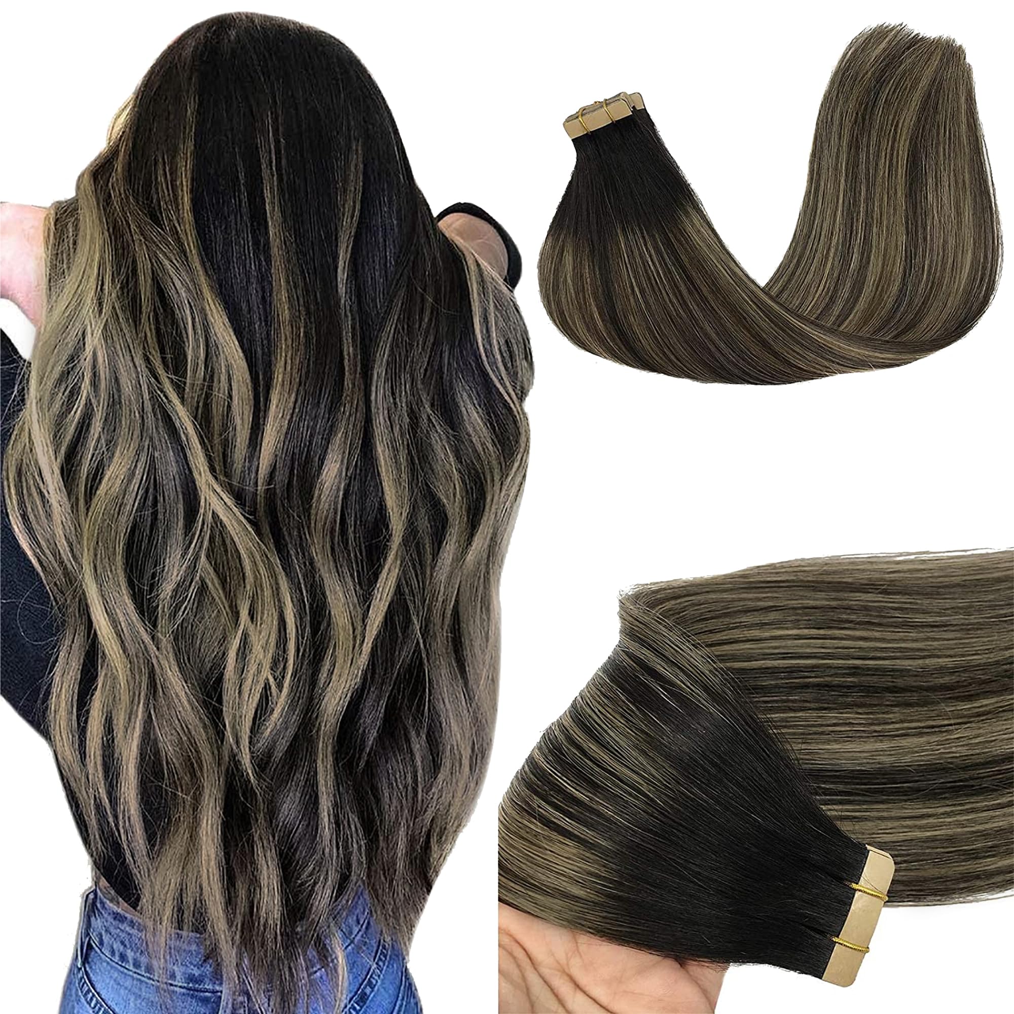 GOO GOO Tape in Hair Extensions human hair, tape Hair Extensions, 24inch 50g 20pcs, Human Hair Extensions, 1B/16/1B Black to Light Blonde