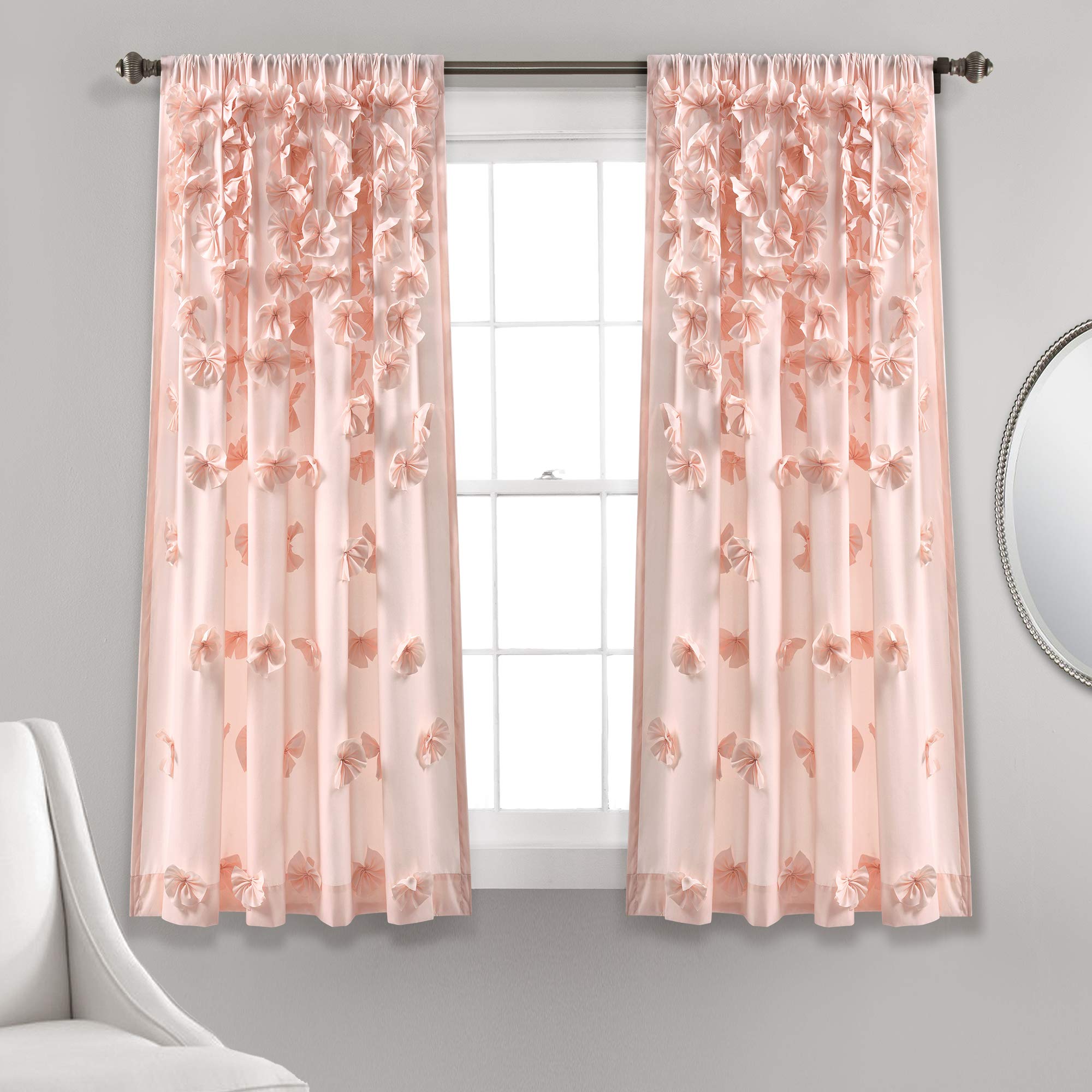 Lush Decor Riley Window Curtain Panel - Charming Handmade Bow Details - Elegant Light Filtering Single Curtain for Living Room, Dining Room, or Bedroom - 54" W x 63" L, Blush