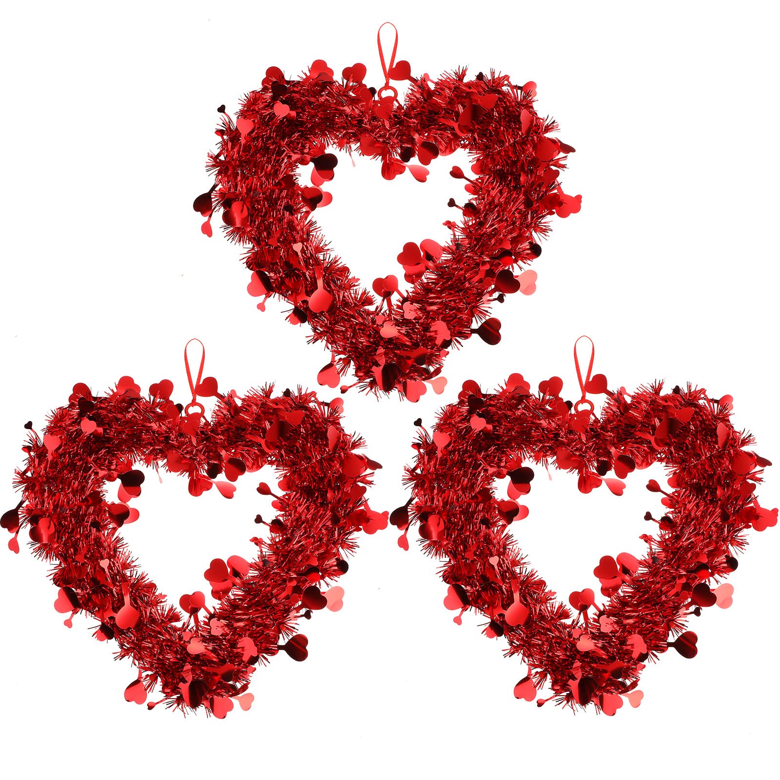 Chuangdi 3 Pcs Valentine Heart Wreaths for Front Door, 14 Inch Valentines Day Decorations with Heart Tinsel Foil Love Hanging Gift for Anniversary Wedding Party Wall Window Mantel Decor (Red)