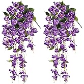 Artificial Hibiscus Fake Hanging Flowers Plants for Outdoors Spring Summer Decor, 2pcs Purple Silk Hibiscus Long Trailing Vines UV Resistant Realistic Faux Flower for Outside Front Door Porch Patio