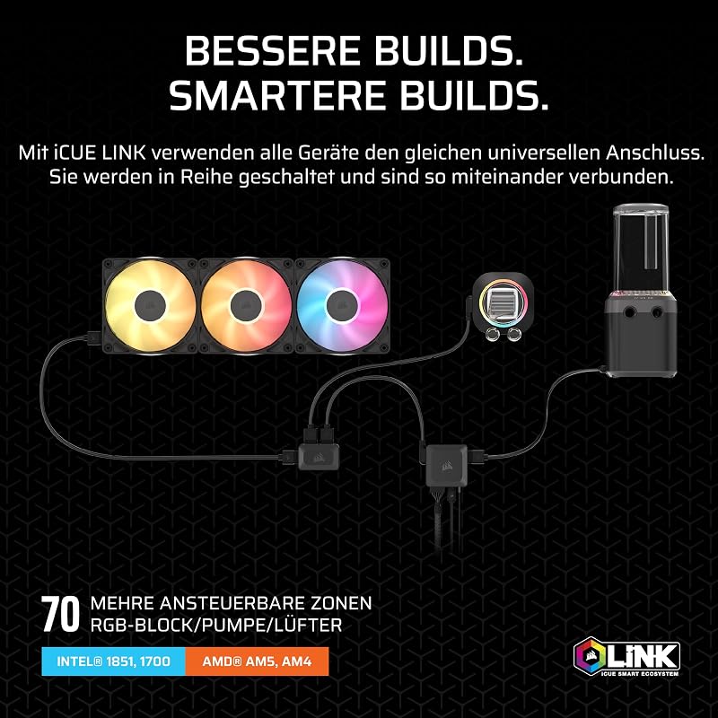 iCUE LINK XH505i RX 360 RGB Individuelles Kühlungs-Kit – XC7 ELITE CPU-Wasserblock, XD6 ELITE-Pumpenreservoir, 3x RX120 RGB-Lüfter, XR5 360-mm-Radiator, iCUE LINK-Systemhub - Schwarz