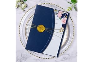 ponatia 20PCS Wedding Invitation Cards Kits - 5x7 Wrap Pocket Invitation Cards with Envelopes, Gold Wax Seals, Ribbons For Weddings, Baby Shower, Birthday, XV Anos, Quinceanera Invitation (Navy Blue)