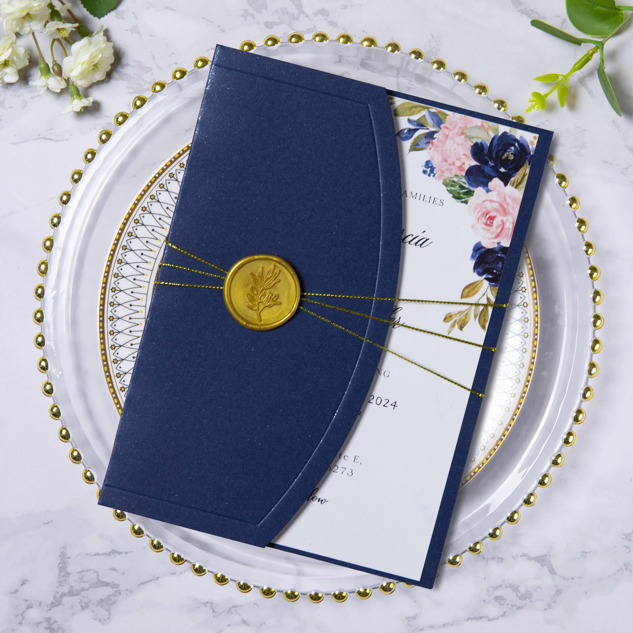 Photo 1 of ponatia 20PCS Wedding Invitation Cards Kits - 5x7 Wrap Pocket Invitation Cards with Envelopes, Gold Wax Seals, Ribbons For Weddings, Baby Shower, Birthday, XV Anos, Quinceanera Invitation (Navy Blue)