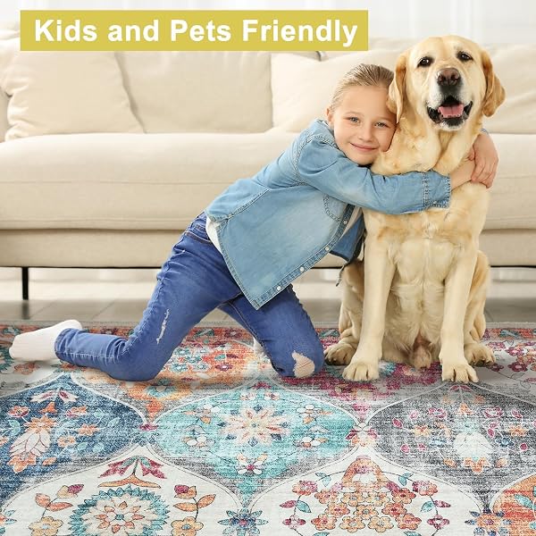MANDALA – MACHINE WASHABLE AREA RUGS 5 X 7 FT, STAIN RESISTANT RUGS, DURABLE POLYESTER MATERIAL, PATTERNED & COLORFUL RUG, BEDROOM & LIVING ROOM RUG, ROOM & MODERN HOME DECOR – ORANGE & MULTI